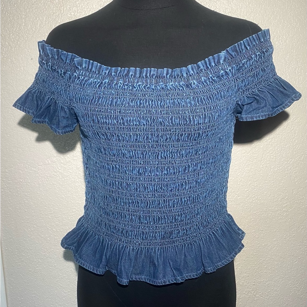 GAP Blue Flutter Sleeve Smocked Blouse